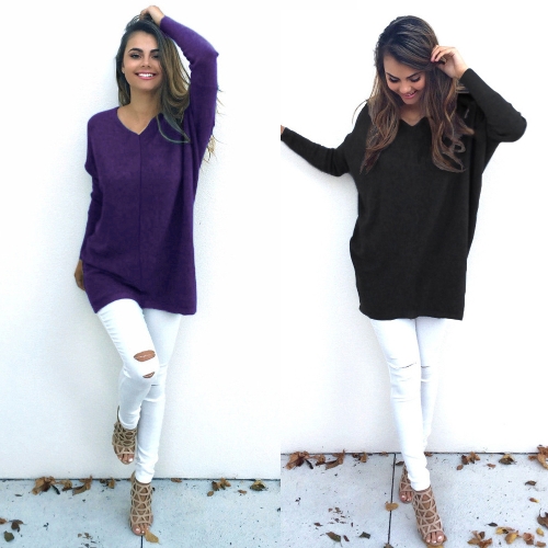Camicia a maniche lunghe autunno inverno donna Casual Solid Top con scollo a V Maglietta allentata Top pullover nero / viola