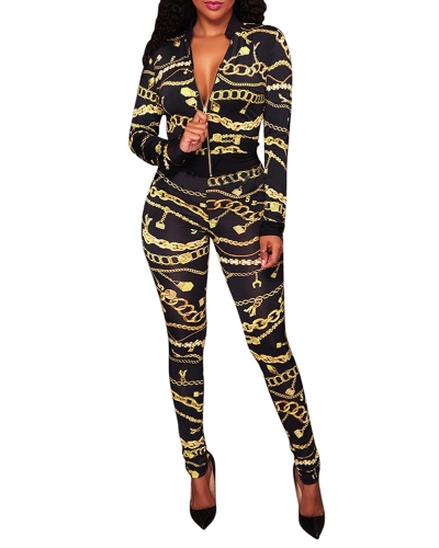 

Sexy Women Two Pieces Set Chain Print V-Neck Long Sleeve Zipper Elastic Waist Crop Top Pants Set
