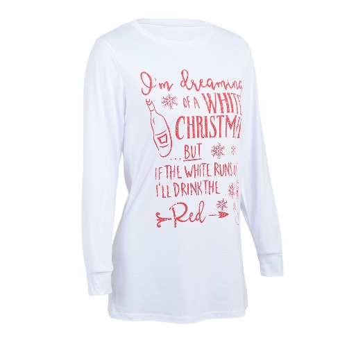 

Fashion Women Plus Size Christmas T-Shirt Letter Print O Neck Long Sleeve Casual Tees Tops White