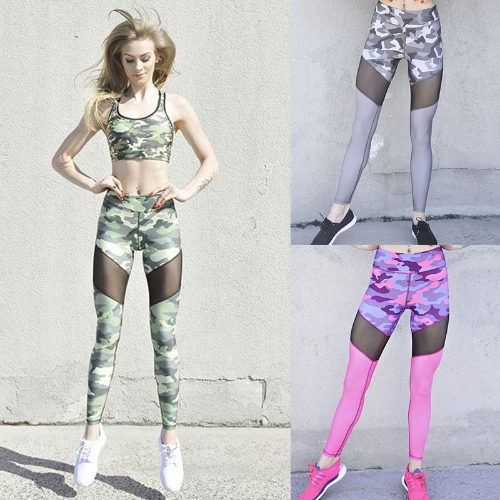 

Sexy Women Camouflage Print Mesh Splice Sports Leggings Yoga Pants Workout Running Skinny Slim Fitness Tights