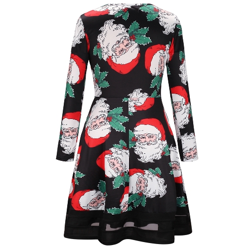 

Fashion Women Christmas Santa Claus Printed Long Sleeve Dress Mesh Splice O Neck A-Line Swing Xmas Dress