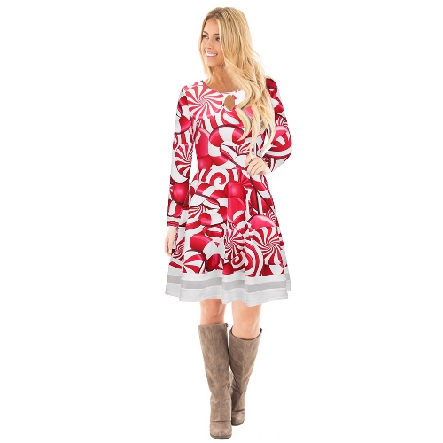 Fashion Women Christmas Santa Claus Printed Long Sleeve Dress Mesh Splice O Neck A-Line Swing Xmas Dress