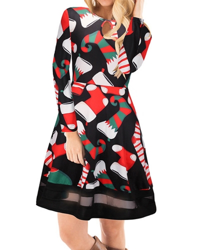 

Fashion Women Christmas Santa Claus Printed Long Sleeve Dress