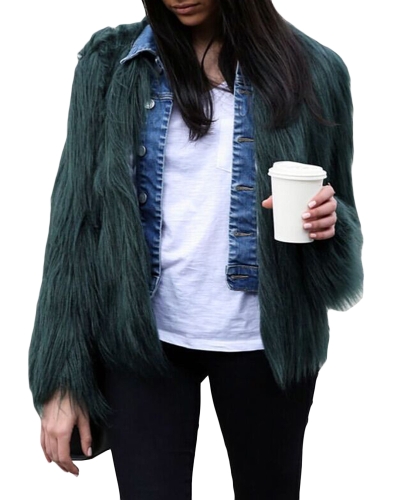 Winter Women Faux Fur Coat Solid Color Long Sleeve Fluffy Outerwear Short Jacket Hairy Warm Overcoat