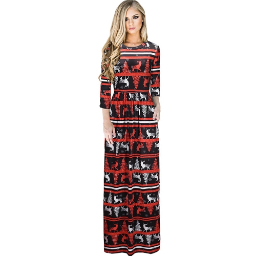 

Fashion Women Christmas Santa Claus Printed Long Sleeve Dress O Neck A-Line Swing Xmas Floor-length Dress