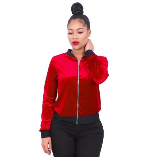 Women Bomber Jacket Velet Ribbed Stand Collar Long Sleeve Zipper Casual Club Party Wear Baseball Coat