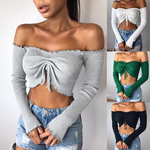 

Women Sexy Ruched Crop Top T-Shirt Off Shoulder Strapless Ruffle Long Sleeve Shirt Top