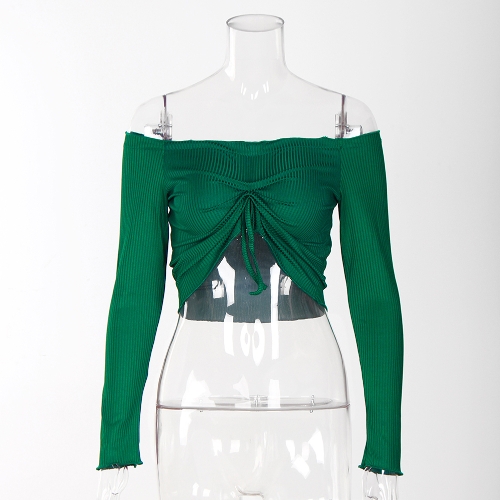 

Women Sexy Ruched Crop Top T-Shirt Off Shoulder Strapless Ruffle Long Sleeve Shirt Top
