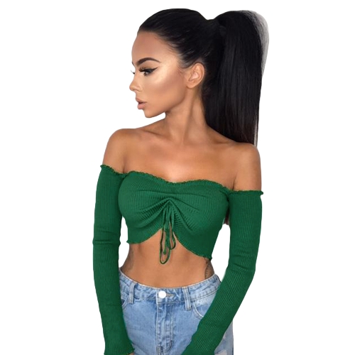 Women Sexy Ruched Crop Top T-Shirt Off Shoulder Strapless Ruffle Long Sleeve Shirt Top