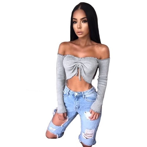 

Женщины Sexy Ruched Crop Top Футболка с плеча без бретелек Ruffle рубашка с длинным рукавом Top