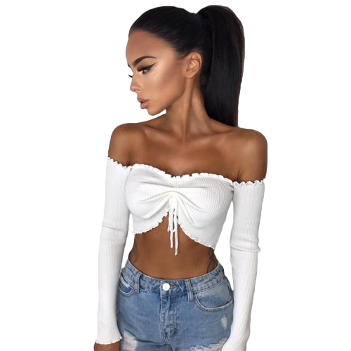 Женщины Sexy Ruched Crop Top Футболка с плеча без бретелек Ruffle рубашка с длинным рукавом Top