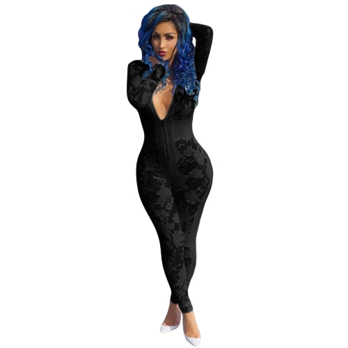 Mulheres Jumpsuit Sheer Mesh Bodysuit Deep V-Neck manga comprida Bodycon Nightclub Party Playsuit Rompers