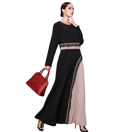 

Muslim Women Plus Size Maxi Dress Crochet Lace Splice O Neck Long Sleeves Abaya Islamic Robe Kaftan Turkish Long Dress