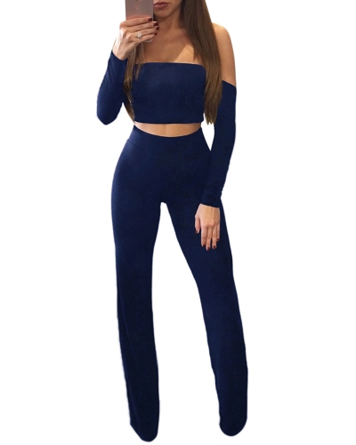 

Off Shoulder Lace Up Back Long Sleeve Wide Legs Party Club Suit Crop Top + Pants