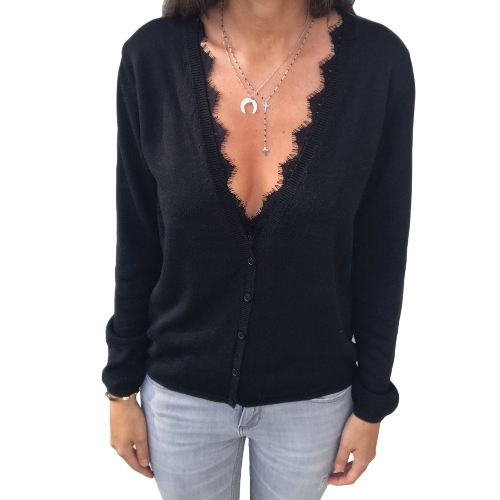 Otoño Cardigan Mujeres con cuello en V mangas largas Empalme de encaje Botón suelto Abrigo fino Sólido Abrigo cálido Gris / Negro