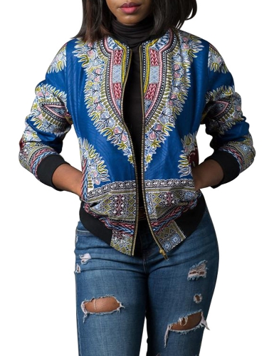 Fashion Women Bomber Jacket Vintage Print Long Sleeve Zipper Outerwear Casual Short Jacket Coat