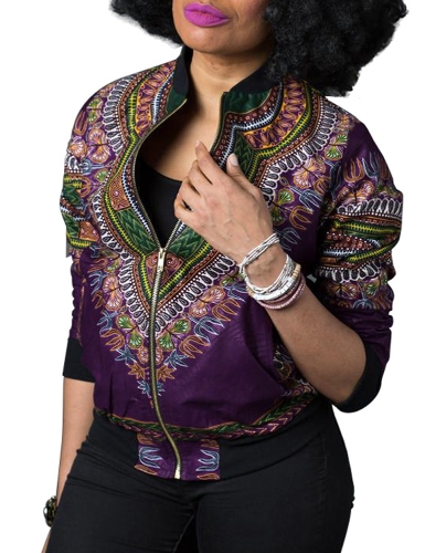 Fashion Women Bomber Jacket Vintage Print Long Sleeve Zipper Outerwear Casual Short Jacket Coat