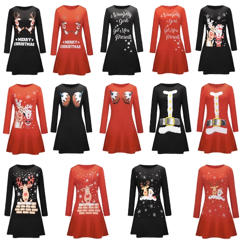 

Autumn Winter Women Christmas Dress Cartoon Santa Reindeer Snowflake Long Sleeves Casual Xmas Dresses