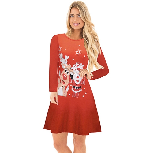 Autumn Winter Women Christmas Dress Cartoon Santa Reindeer Snowflake Long Sleeves Casual Xmas Dresses