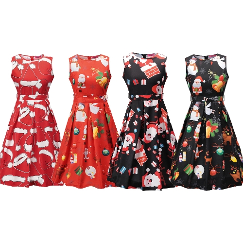 

Women Christmas Santa Claus Printed Sleeveless Dress O Neck A-Line Xmas Knee-Length Dress