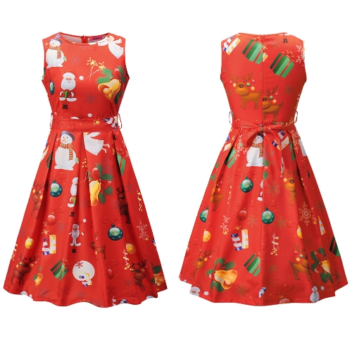 

Women Christmas Santa Claus Printed Sleeveless Dress O Neck A-Line Xmas Knee-Length Dress