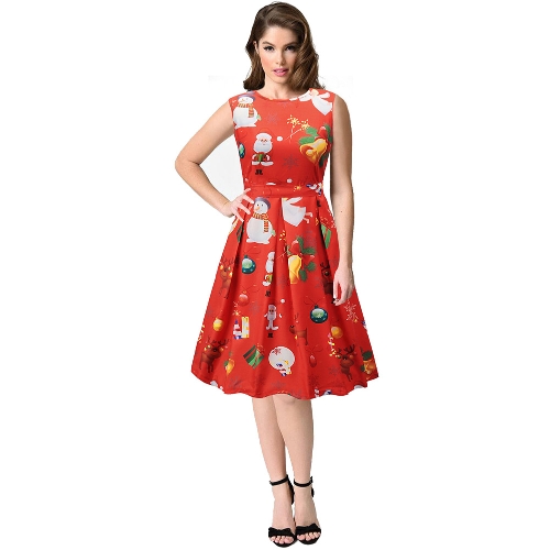 

Women Christmas Santa Claus Printed Sleeveless Dress