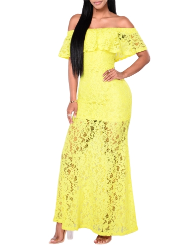 

New Sexy Women Floral Lace Dress Ruffled Off Shoulder Slim Bodycon Maxi Long Cocktail Party Dress Yellow/Royal Blue