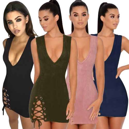 

Sexy Women Suede Mini Dress Lace Up V-Neck Sleeveless Nightclub Party Bodycon Pencil Dress