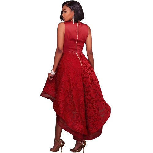 

Women High Low Hem Evening Dress Embroidered Lace Deep V-Neck Sleeveless Cocktail Party Prom Gowns Dress