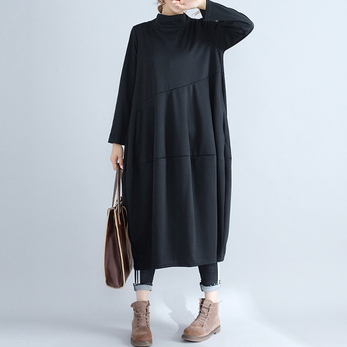 

Women Large Size Dress Straight Stand Collar Solid Office Loose Dress