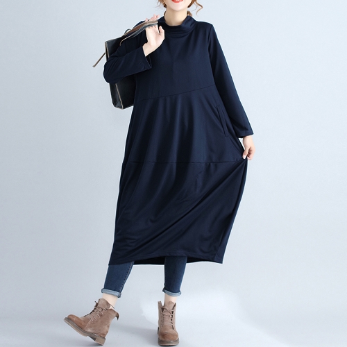 

Women Large Size Dress Straight Stand Collar Solid Office Loose Dress