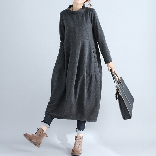 

Women Large Size Dress Straight Stand Collar Solid Office Loose Dress