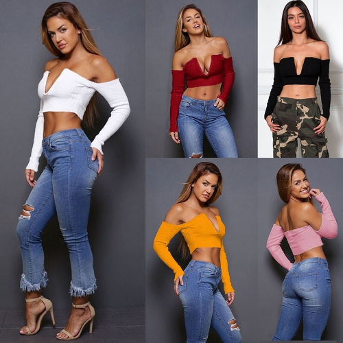 

Sexy Winter Women Ribbed Knit Cropped Top Off the Shoulder Deep V Neck Long Sleeves Short Sweater