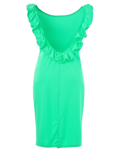 

Women Midi Dress Solid Ruffle Round Neck Sleeveless Open Back High Waist Split Bodycon One-Piece