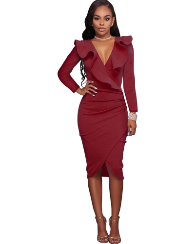 

Sexy Women Ruffle Dress V Шея Criss Cross Pencil Party Nightwear Bodycon Slim Midi Club Dress