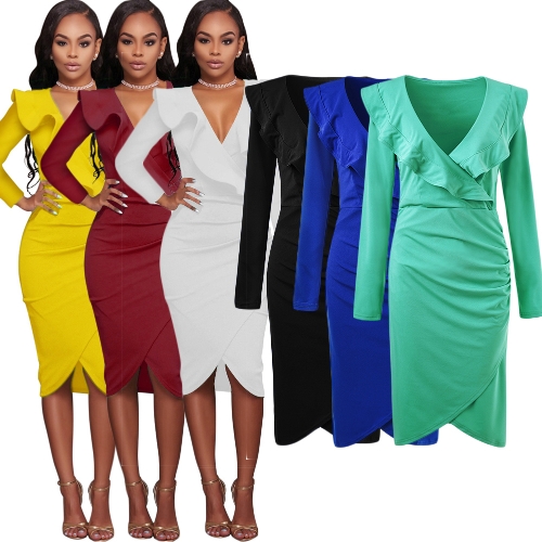 

Sexy Women Ruffle Dress V Neck Criss Cross Pencil Party Nightwear Bodycon Slim Midi Club Dress