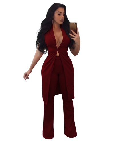 

Sexy Long Vest V-Neck Flare Pants Casual Coat Trousers Set Solid Outfit Outerwear