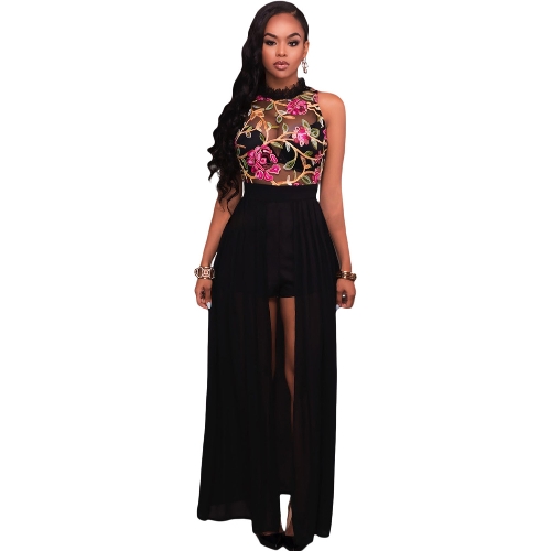 Sexy Women Jumpsuit Sheer Mesh Floral Embroidery Sleeveless Maxi Skirt Shorts Overalls Romper Elegant Casual Playsuit