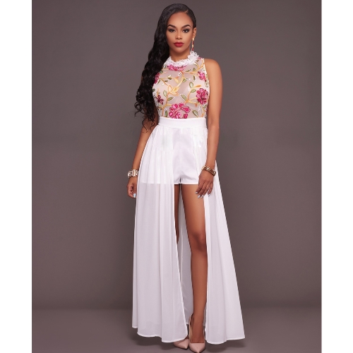 

Sexy Women Jumpsuit Sheer Mesh Цветочная вышивка без рукавов Maxi Юбка Шорты Комбинезоны Romper Elegant Casual Playsuit