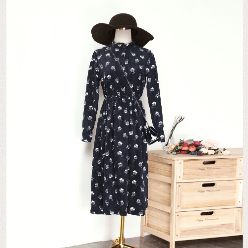 New Autumn Winter Women Vintage Print Dress Elastic Waist Stand Collar Long Sleeve Corduroy Dress