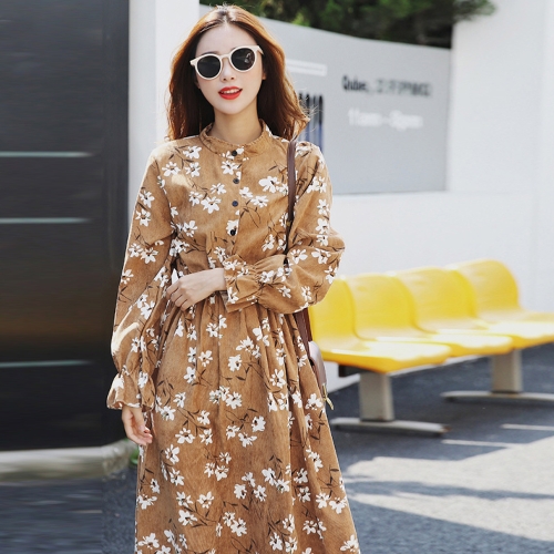 

New Autumn Winter Women Vintage Print Dress Elastic Waist Stand Collar Long Sleeve Corduroy Dress