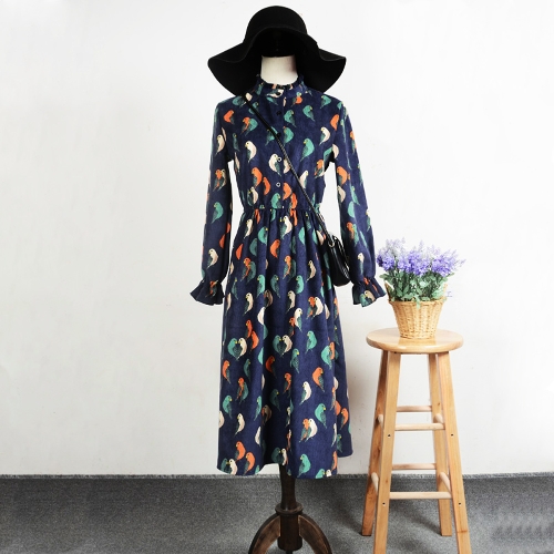 New Autumn Winter Women Vintage Print Dress Elastic Waist Stand Collar Long Sleeve Corduroy Dress