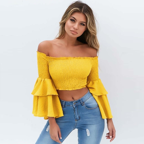 

Off Shoulder Bell Sleeve Crop Tops