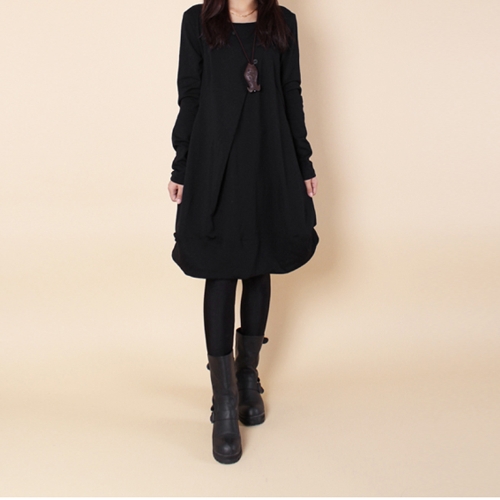 

New Autumn Women Casual Loose Baggy Midi Dress O Neck Long Sleeve Oversized Pockets Asymmetrical Dress