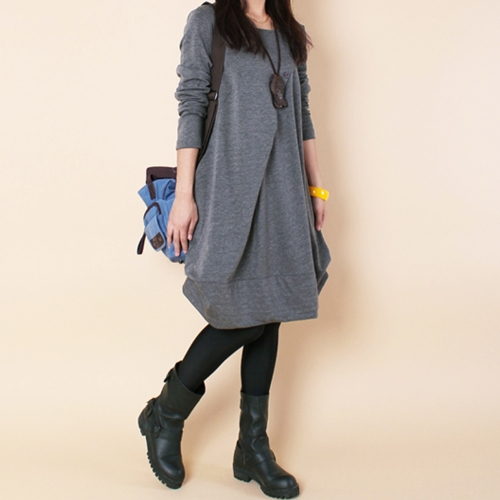 

New Autumn Women Casual Loose Baggy Midi Dress O Neck Long Sleeve Oversized Pockets Asymmetrical Dress