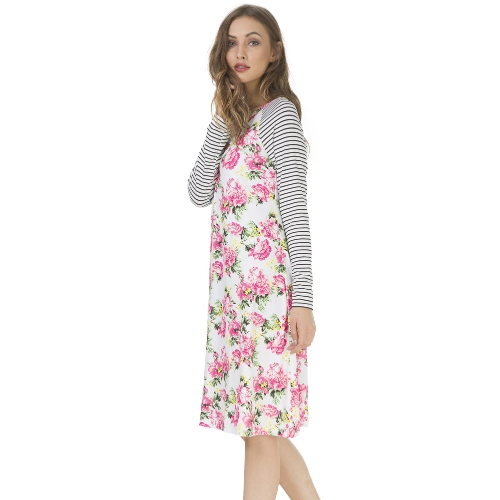 

Women Christmas Long Sleeves Dress Striped Floral Print O Neck Raglan A-Line Dress Vestidos Pajamas