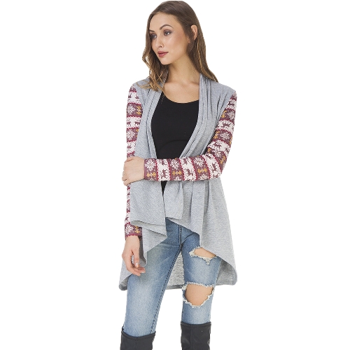 

New Winter Christmas Long Sleeve Coat Cardigan Open Front Snow Deer Print Splice Casual Outerwear