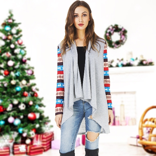 New Winter Christmas Long Sleeve Coat Cardigan Open Front Snow Deer Print Splice Casual Outerwear