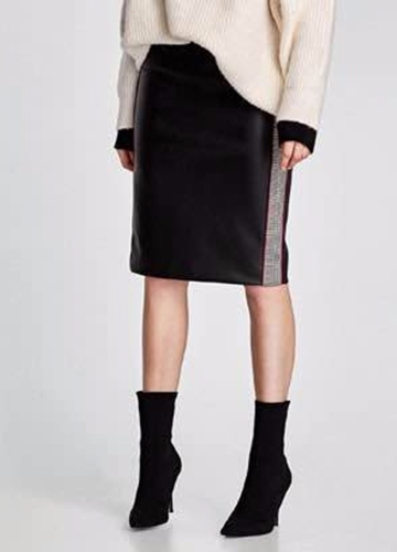 

Women PU Leather Skirts Houndstooth Side Fleece Sheath Pencil Skirt