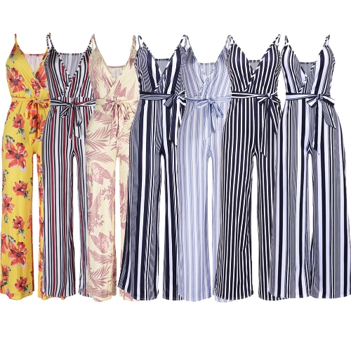 

Sexy Women Slip Jumpsuit Deep V Neck Floral Striped Print Spaghetti Strap Wide Leg Pants Slim Playsuit Rompers